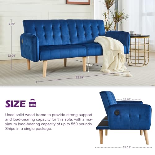 65'' Convertible Futon Sofa Bed with USB, Small Couch for Living Room | Sleeper Sofa and Loveseat, Adjustable Folding Couch with Tufted Design and 2 USB Ports, Bedroom Apartment Office, Blue - color: Blue