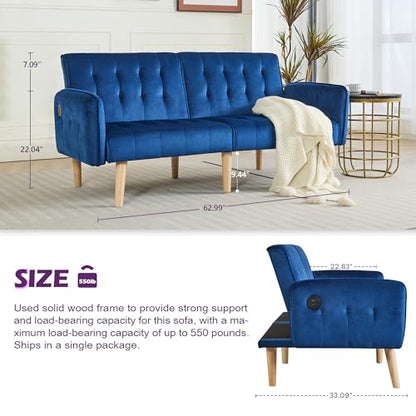 65'' Convertible Futon Sofa Bed with USB, Small Couch for Living Room | Sleeper Sofa and Loveseat, Adjustable Folding Couch with Tufted Design and 2 USB Ports, Bedroom Apartment Office, Blue - color: Blue