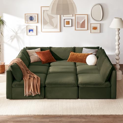 mopio Oversized Modular Sectional Sofa with Fully Removable Covers and Storage, Convertible U, L-Shaped and Sleeper Sectional, Modern Couches with Ottoman Chaise (Olive Green Velvet, 9 Seats, Sleeper) - color: [Gen 2] Olive Green Velvet, size: 9 Seats, Sl