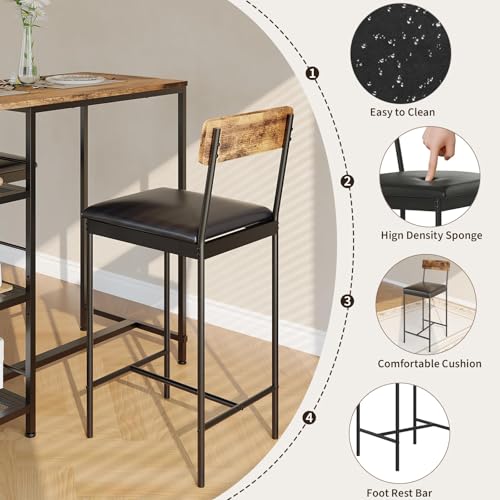 3-Piece Counter Height Dining Set for 2, Small Space Pub Table with 2 Upholstered High-Back Stools, Narrow Kitchen Bar Table with 3-Tier Storage Shelf, Industrial Dining Set for Breakfast Nook - color: Brown