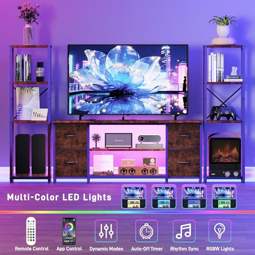 LED TV Stand Bookshelf Combo with Charging Station for 65 60 55 Inch TV, Entertainment Center with Lights & Drawers, Industrial Media TV Console Table for Living Room Bedroom Office, Rustic Brown - color: Rustic Brown