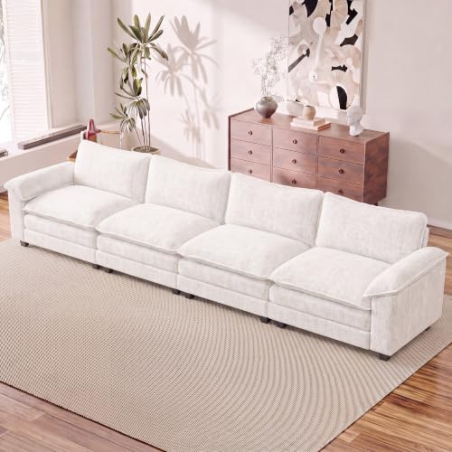 Homall 158.6" Cloud Couch, Modular Sectional Sofa, White | Comfy Chenille, Double Layer Cushions, 4 Seat, Sturdy Frame, High-Density Foam, Easy Assembly, Oversized Sofa for Living Room - color: White, size: Linear Sofa