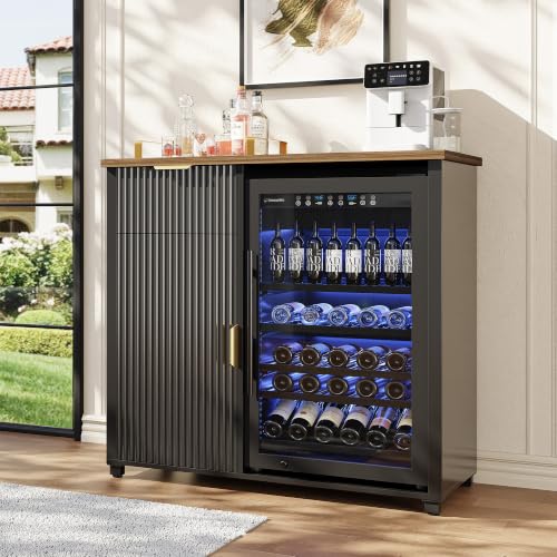 Apicizon Coffee Bar Cabinet with Fridge Space, Modern Fluted Coffee Station with Wine Beverage Storage, Drawer, Glass Holder, Wood Buffet Sideboard Table for Kitchen, Dining Room, 41.33" L, Black - color: Black