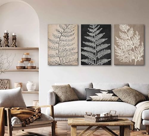 3Pcs Framed Botanical Canvas Wall Art Black Tan Fern Leaf Pictures Minimalist Paintings Nature Fern Plant Silhouette Posters Prints for Living Room Bedroom Office Farmhouse Wall Decor - color: Plant Canvas, size: 16"Lx12"W