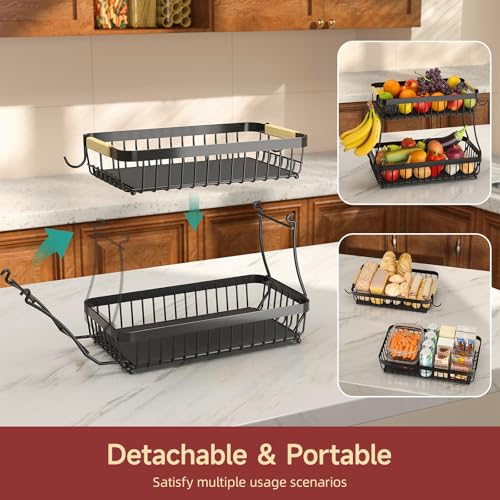 2-Tier Fruit Basket with Banana Hangers, Detachable Metal Bowl | Wooden handle, protective mats included. Versatile holder for bread, snacks, and veggies. Large 2 tier metal design. - color: Black, size: 2 Tier