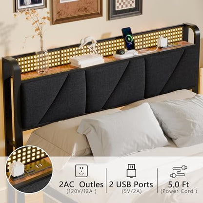 Queen Bed Frame with Storage Shelf and Upholstered Headboard | Metal Platform Bed with LED Light, Charging Station and Heavy Duty Slats, No Box Spring Needed, Noise Free & Easy Assembly - size: Queen, style: Bed Frame