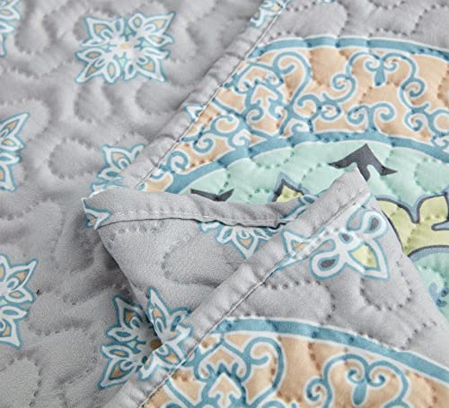 CHIXIN Boho Quilt Queen Size - Bohemian Chic Medallion Design - Lightweight Bedspread Coverlet Set, Ultrasonic Quilting Mandala Bedding Cover for All Season, 3 Piece, Aqua Blue - color: Skyblue/Wheat/White, size: Full/Queen(90"x92")