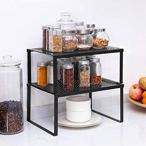 NEX Cabinet Organizer Shelf, Kitchen Counter Shelves Set of 2, Black | Stackable & Expandable Spice Rack, Space-Saving Pantry Organizers Bathroom Countertop Storage, Metal - color: Black