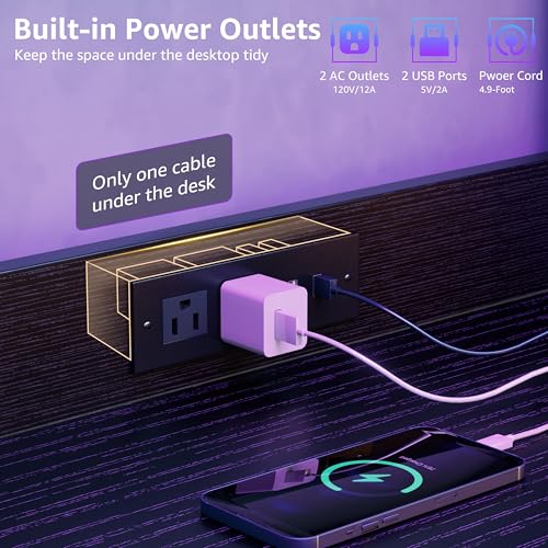 40 inch Small Gaming Desk with Pegboard Shelves Computer Desks with Led Lights Power Outlets PC Monitor Stand Reversible Storage Shelf Table for Bedroom Small Space, Black