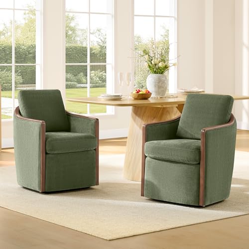 CHITA Upholstered Dining Chairs Set of 2 with Hidden Casters, Moss Green | Fully Assembled Modern Dining Chair with Backrest & Wood Armrest, Chenille Barrel Chairs for Dining Room, Kitchen Chairs - color: Moss Green, size: set of 2