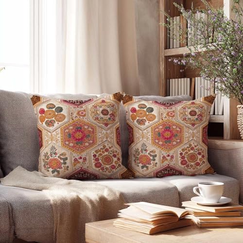 Boho Moroccan Throw Pillow Covers 18x18 Set of 2 | Vintage Rug Medallion Cushion Cases | Oriental Decorative Pillow Covers for Couch Sofa Bedroom Living Room | Hidden Zipper - color: Moroccan Floral
