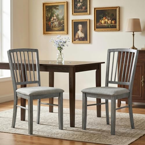 HOMCOM Farmhouse Dining Chairs Set of 2 Rubberwood Legs, Rustic Gray | Upholstered Linen Fabric, Kitchen Chairs, for Kitchen, Dining Room - color: Rustic Gray