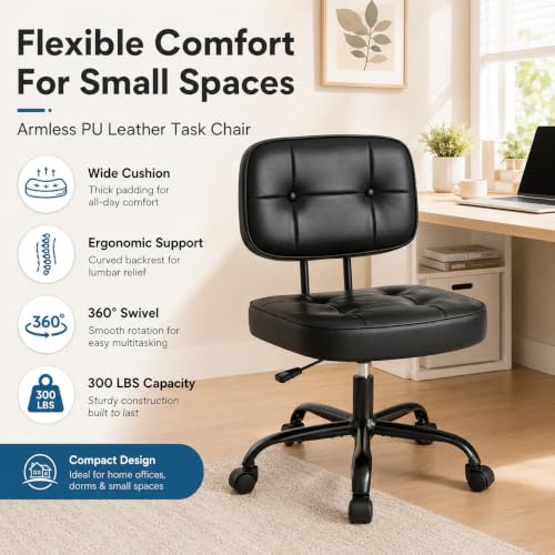 Armless Drafting Chair, Ergonomic PU Leather Home Office Computer Task Chair with Lumbar Support, Height Adjustable Swivel Rolling Chair for Small Spaces, Vanity, Bedroom, Study, Living Room, Black - color: Black -Basic