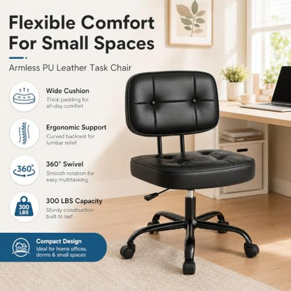 Armless Drafting Chair, Ergonomic PU Leather Home Office Computer Task Chair with Lumbar Support, Height Adjustable Swivel Rolling Chair for Small Spaces, Vanity, Bedroom, Study, Living Room, Black - color: Black -Basic