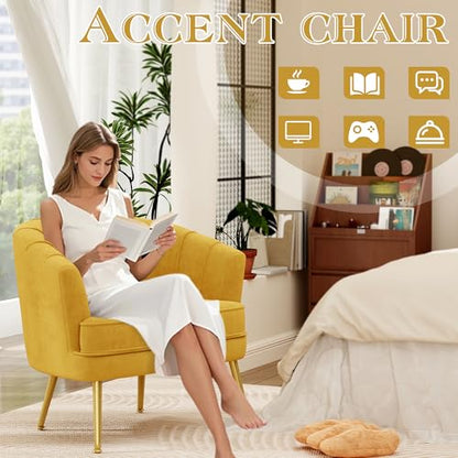 Velvet Accent Chair Set of 2, Barrel Armchair, Yellow | Velvet Upholstery, Golden Metal Legs, Comfy Barrel Back, Modern Style, Living Room Bedroom Office - color: Yellow, size: 2 Chairs