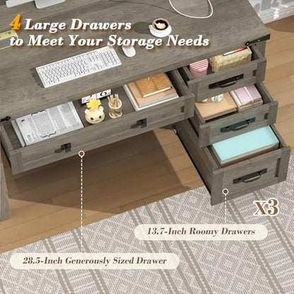 47" Farmhouse Computer Desk with 4 Drawers for Home Office, Bedroom | Executive Desk with Power Outlets, Home Office Desk with Monitor Stand & Drawers, Small Desk Writing Study Table, Grey - color: Grey