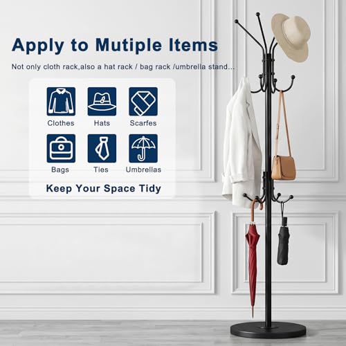Freestanding Coat Rack with 12 Hooks,Modern Coat Stand with Wood Base for Entryway, Bedroom, Office, 3 Adjustable Height Coats Hanger Stand for Coats, Hats, Handbags and Scarves, Black
