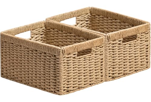 UBBCARE 2 Pack Wicker Basket, 13.4L×8.3H×7.1W inch Woven Paper Rope Storage Baskets for Shelves, Foldable Rectangular Storage Baskets with Handle, Storage Basket for Organizing, Natural - color: Natural, size: Rectangular- 2pack 13.4"×8.3"×7.1"