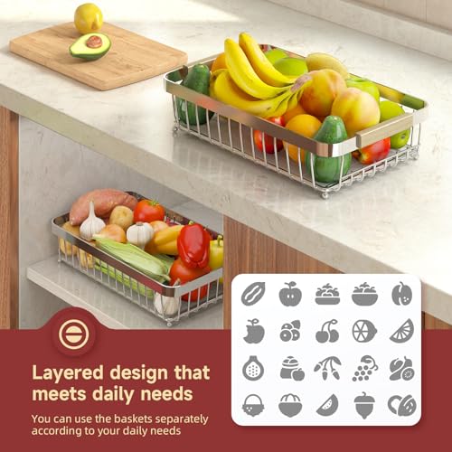 2-Tier Fruit Basket with Banana Hangers, Detachable Metal Bowl | Wooden handle, protective mats included. Versatile holder for bread, snacks, and veggies. Extra Large 2 tier metal design. - color: Silver, size: 2 Tier Extra Large