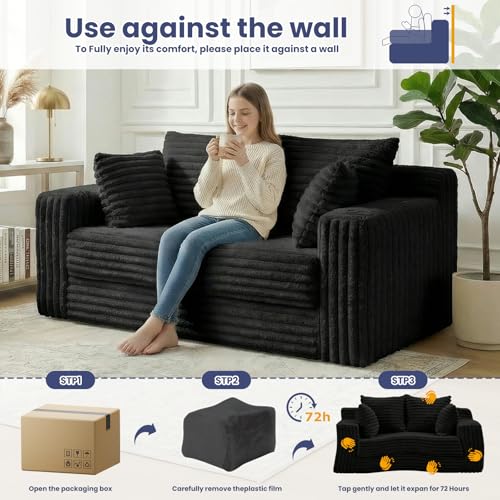 3-in-1 Convertible Sofa Bed: Boneless Loveseat Sleeper & Folding Couch Bed with 4 Pillows & Detachable Cushion,Furry Futon Couch for Bedroom,Apartment,Office and Living Room, No Assembly,Black - color: D-black, size: Loveseat Sofa