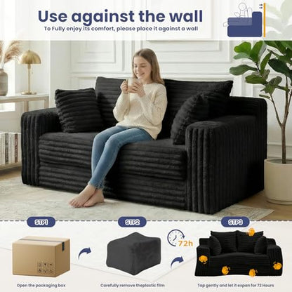 3-in-1 Convertible Sofa Bed: Boneless Loveseat Sleeper & Folding Couch Bed with 4 Pillows & Detachable Cushion,Furry Futon Couch for Bedroom,Apartment,Office and Living Room, No Assembly,Black - color: D-black, size: Loveseat Sofa