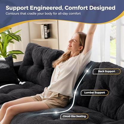 MAXYOYO Boneless Couch, 104-Inch L-Shaped Cloud Couch with Ottoman | Black Upholstered Sofa Features Layered Cushions and Flexible Modules with No Assembly, Ideal for Modern Living Rooms. - color: Black, size: 104" L Shape