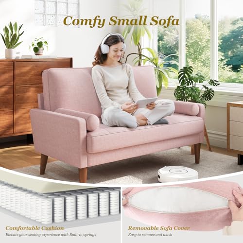 Vesgantti 48" Loveseat Sofa, Small Couch with Solid Wood Legs | Small Couch for Small Spaces, Mid Century Modern Loveseat, Easy Assembly Sofa for Living Room, Bedroom, Pink - color: Pink