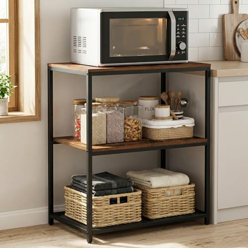Homleke Kitchen Island with 3 Shelves, Workbench,Metal Frame | Kitchen Shelf with Large Wooden Workstation, Bakers Rack,Baker's Rack, Industrial, Rustic Brown and Black - color: Rustic Brown and Black, size: 23.6"L X 15.7"W X 31.5"H