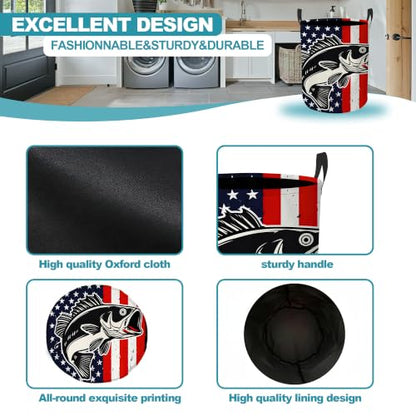 Patriotic Bass Fish Collapsible Laundry Hamper,American Flag Waterproof Oxford Cloth Clothes Basket with Handles for Bathroom Bedroom Nursery Dorm Room,16" x 20" - color: Patriotic Bass Fish,American Flag