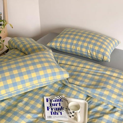 mixinni Plaid Duvet Cover Set Twin Yellow - Soft Washed Cotton Modern Geometric Bedding Set with 2 Pillowcases, Blue Green Gingham Grid Twin Duvet Cover for Men & Women, Soft & Lightweight - color: 04 - Yellow/Blue Plaid, size: Twin