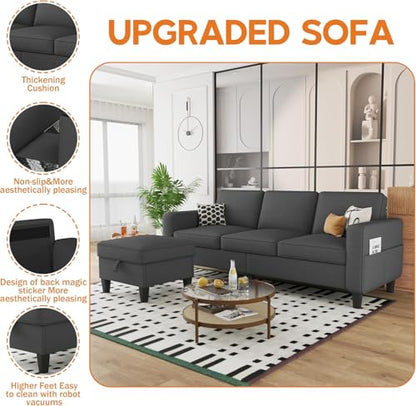 L Shaped Couch for Living Room 3 Seater Sofa with Storage Movable Ottoman | 78"Modern Linen Grey Couches 3 Seats Sofas with Chaise for Studio Apartment Office Basement Small Space, Easy Assembly - color: Dark Grey-linen