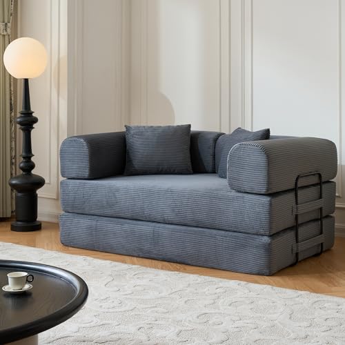 Convertible Sleeper Sofa Bed,Corduroy Folding Mattress Couch with Cylindrical Pillows,Metal Frame,High-Density Sponge,Reconfigurable Lounge Seat for Living Room Bedroom Apartment (Grey,Loveseat) - color: Grey, size: 59.06"L x 35.43"W x 26.77"H