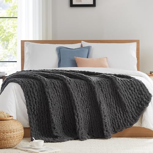 L'AGRATY Chunky Knit Throw Blanket for Couch, 50 x 60 Inches, Dark Grey | Handmade Chenille Crochet Blanket for Sofa Bed, Thick Cable Knitted Blankets for Room Home Decor, Birthday Gift for Women Mom - color: Charcoal Grey, size: 50"x60"