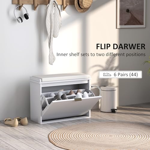 HOMCOM Narrow Shoe Bench with Padded Cushion 24.4x10.2x18.7 Inches White | Shoe Storage Cabinet, Flip-Drawer, Adjustable Shelf, Small Entryway Bench, Holds up to 265lb - color: White, size: 24.4" x 10.2" x 18.7"