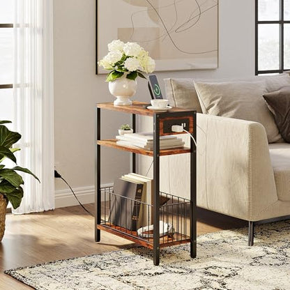 TRIFEBLE Narrow Side Table with Charging Station, Small End Table for Small Spaces, Slim Nightstand with Storage Basket, 3 Tier Skinny Bedside Table for Living Room, Bedroom, Rustic Brown - color: Rustic Brown