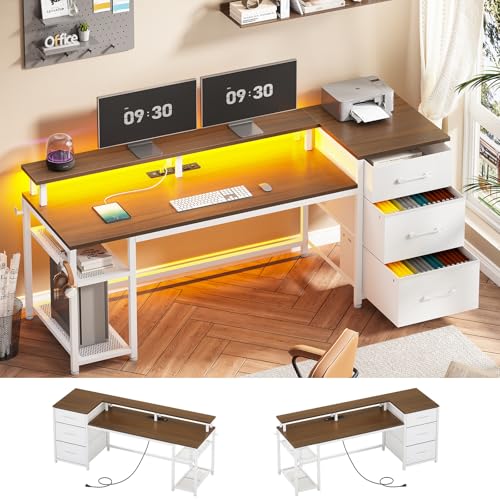 SEDETA 59" Office Desk with Drawers, Reversible Computer Desk with File Drawers & Storage, Gaming Desk with LED Lights & Power Outlet, Home Office Desks for Printer, White and Brown - color: White and Brown, size: 59"