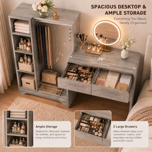 Vanity Desk, Makeup Vanity Desk with Drawers and Hanging Rack | 4 Tier Shelves, Modern Makeup Vanity Table with Curved Profile Design, Makeup Dressing Desk for Bedroom, Grey - color: Grey, size: 15.7"D x 70"W x 47"H