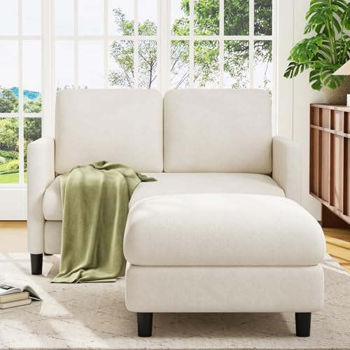 Welzona Loveseat Sofa with Ottoman, 51" Small L Shaped Teddy Couch Sofa | Comfy Teddy Fabric, Tool-free Setup, Washable Covers, All-wood Couch Sets for Living Room, Bedroom, Small Spaces, Beige - color: Beige, size: loveseat & ottoman