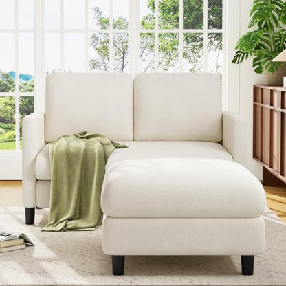 Welzona Loveseat Sofa with Ottoman, 51" Small L Shaped Teddy Couch Sofa | Comfy Teddy Fabric, Tool-free Setup, Washable Covers, All-wood Couch Sets for Living Room, Bedroom, Small Spaces, Beige - color: Beige, size: loveseat & ottoman