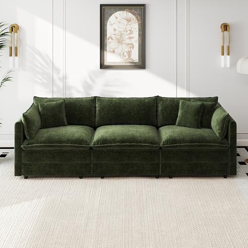 Aoowow Modular Sectional Sofa,112.2 Inch Deep 3-Seater Sofas Comfy Chenille Cloud Sofas and Couches with Pillows for Living Room Apartment（Green） - color: Green-new, size: 3 Seat