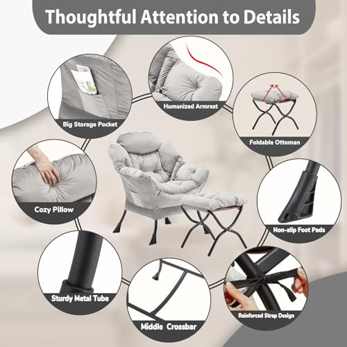 Youtanic Lazy Chair with Folding Ottoman, Accent Chair Velvet Upholstered with Metal Structure and Non-Slip Pads, Sofa Armchair with Footrest and Side Storage Bag for Dorm, Room, Office, Light Gray - color: Light Gray