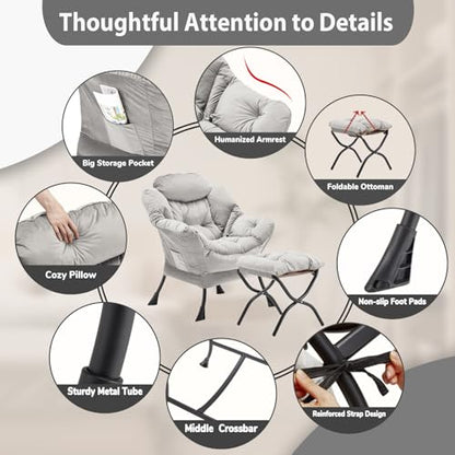 Youtanic Lazy Chair with Folding Ottoman, Accent Chair Velvet Upholstered with Metal Structure and Non-Slip Pads, Sofa Armchair with Footrest and Side Storage Bag for Dorm, Room, Office, Light Gray - color: Light Gray