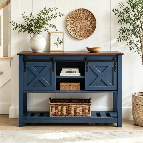 Farmhouse Entryway Table with Sliding Barn Doors, Wood Console Table with Storage Shelf, Rustic Sofa Table for Living Room, Entryway, Foyer, Blue - color: Blue