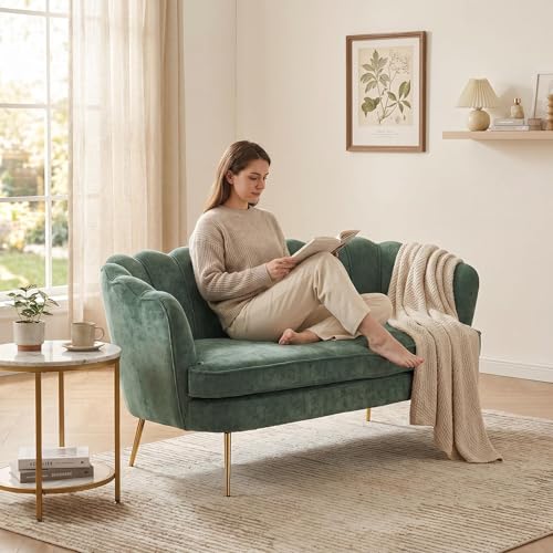 Modern Green Chenille Loveseat Couch Futon Small Sofa with Gold Metal Legs | 2-Seater Upholstered Mini Sofa Couches for Small Space Living Room Bedroom Office Dorm Studio Apartment Love Seat Couche - color: Green