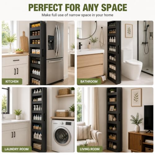 Tall Narrow Storage Cabinet, 71 Inch Tall, 8 Inch Wide, Black | 7-Shelf Slim Pull-Out Organizer with Wheels for Small Spaces, Kitchen, Bathroom, Laundry Room and Narrow Gaps - color: D-black