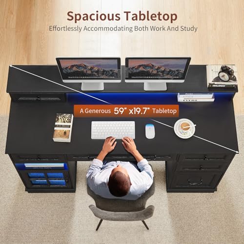 HAUOMS Farmhouse Executive Desk Computer Desk with Drawers，Black | Executive Office Desk with File Drawers, Power Outlet, Led Lights, Storage Cabinet and Monitor Shelf for Home Office - color: Black