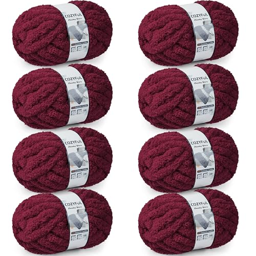 Cozyful Chunky Yarn for Hand Knitting - #10 Chunky Chenille Yarn, Jumbo Big Thick Chunky Yarns for Crocheting, Super Bulky Chunky Knit Blanket Yarns, 8 Skein (22 yds 8 oz Each Skein), Burgundy - color: Burgundy