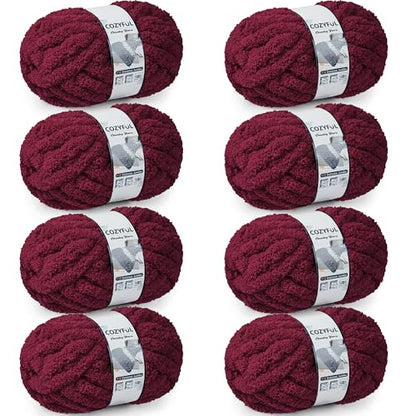 Cozyful Chunky Yarn for Hand Knitting - #10 Chunky Chenille Yarn, Jumbo Big Thick Chunky Yarns for Crocheting, Super Bulky Chunky Knit Blanket Yarns, 8 Skein (22 yds 8 oz Each Skein), Burgundy - color: Burgundy