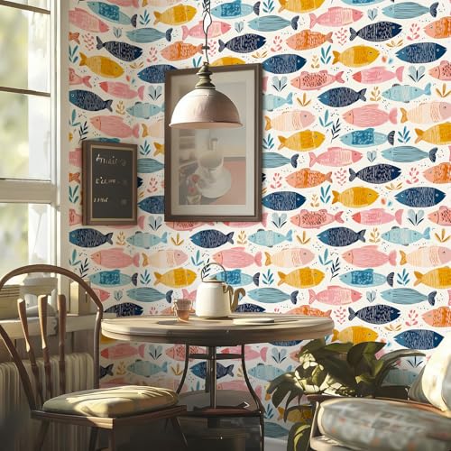 Stickorama Pastel Color Whimsical Fish Peel and Stick Wallpaper Self Adhesive Removable Waterproof 17.72" x 118.1'' Seagrass Floral Mural Renter Friendly for Bedroom Living Room Study - color: WZ-HU0046-3, size: 17.7" x 118.1"