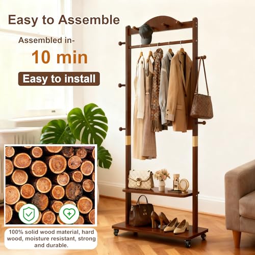 Walnut Brown Solid Wood Coat Rack Freestanding with Wheels - Heavy Duty Clothes Rack with 2 Storage Shelves & 9 Hooks, Wooden Coat Rack Stand Hat Hanger Rack for Bedroom Entryway Living Room Hotel - color: Walnut 2